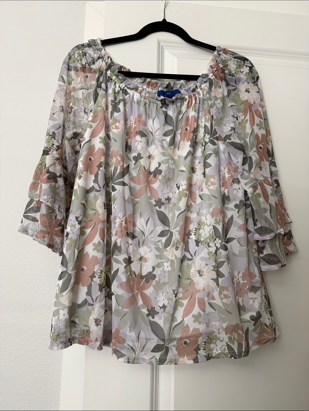 Apt. 9 Floral Off-Shoulder Ruffle Sleeve Top in Peach, Sage & White
